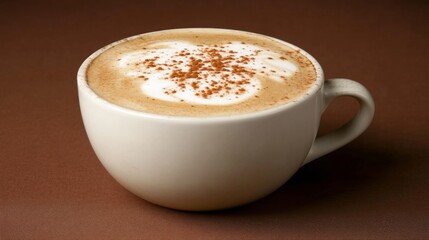 Obraz premium Cappuccino in a ceramic cup displays intricate foam patterns with warm tones, set on a neutral-colored cafe table providing inviting ambiance