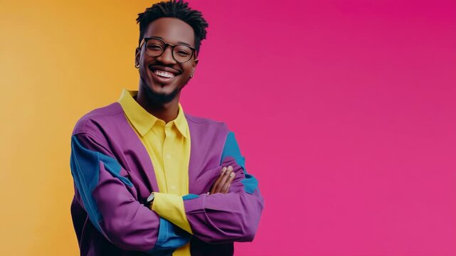 Smiling man poses confidently in vibrant outfit against colorful background, showcasing style and charisma