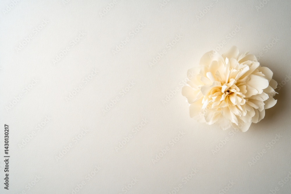 Aufkleber Delicate pressed peony flower rests on textured handmade paper, showcasing intricate petal details and subtle shadows, with space for text on the right