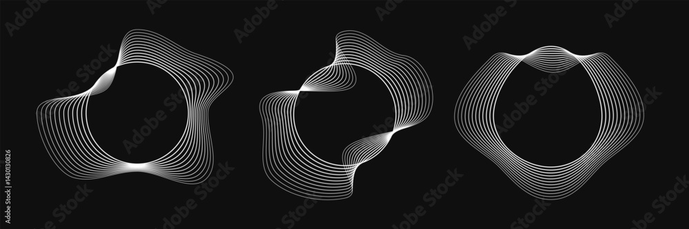 Poster set of round curved frames with dynamic wavy stripes