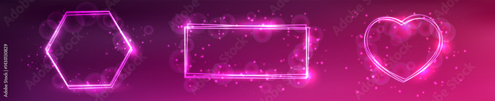 Poster set of three neon frames with shining effects and sparkles
