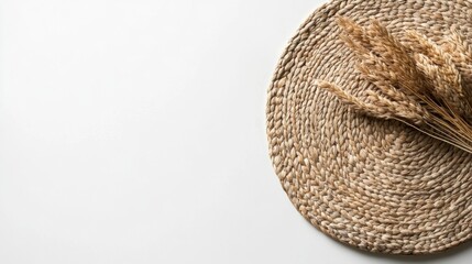 Minimalist design of rustic straw placemat on pure white background