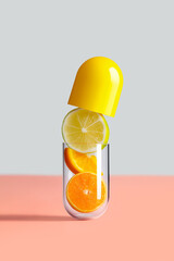 Transparent capsule filled with sliced lemon and orange standing on pastel surface, yellow cap levitating above. Concept of citrus supplement, vitamin boost, or natural medicine.