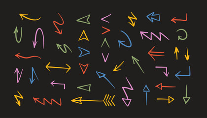 Doodle arrow set. Hand drawn arrows curve lines, simple orientation symbols, sketch direction signs and cursor pointers, color freehand drawing elements. Vector arrow collection