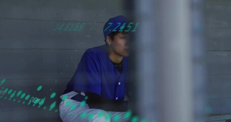 Female baseball player sitting in dugout, showing sports tech with floating data analytics overlay - Powered by Adobe