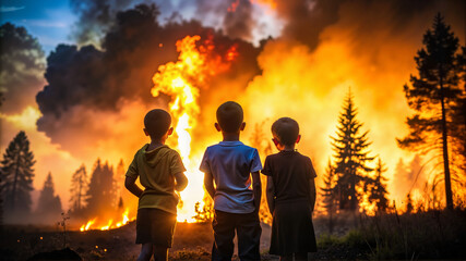 Obraz premium Children watching blazing wildfire in forest