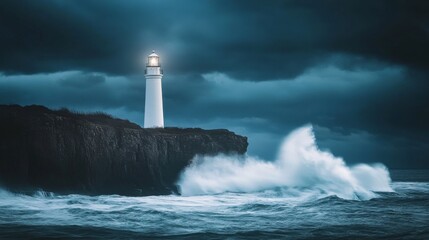 White Lighthouse on Rocky Coast During a Dramatic Night Storm