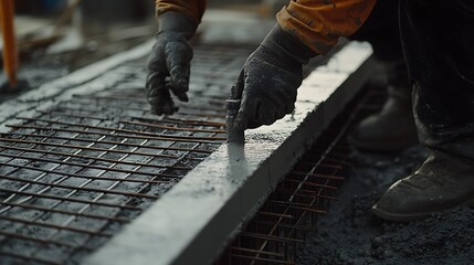 Construction Worker Applying Concrete to Rebar Grid