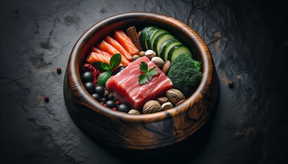 Bowl for a pet with fresh meat. On a black background.