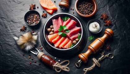 Bowl for a pet with fresh meat. On a black background.