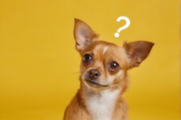 Closeup Portrait of Curious Brown Chihuahua Dog with Question Mark, Yellow Background  Adobe Stockoptimizedmetadata
