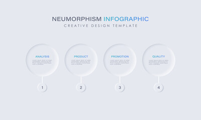 Neumorphism white infographics design template with four steps or options. Infographics for business and marketing presentations, reports or instructions