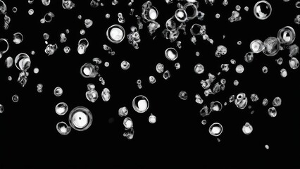 Abstract Monochrome Circles on Black Background, Varied Sizes and Shapes, Chaotic Pattern with Energy and Movement