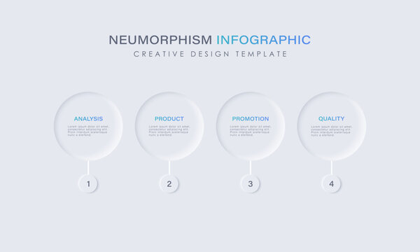 Neumorphism white infographics design template with four steps or options. Infographics for business and marketing presentations, reports or instructions