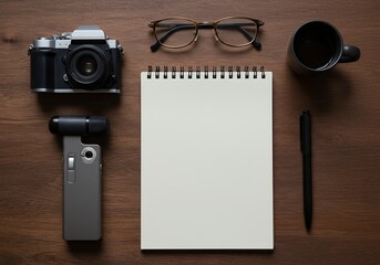 Journalist's desk with camera, microphone, and notebook, symbolizing press freedom and expression