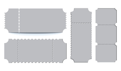 Cinema tickets. Theater coupon realistic vector templates. Discount voucher mockups. Train, movie, raffle, carnival blank ticket with text space. Concert, event, festival admit layouts