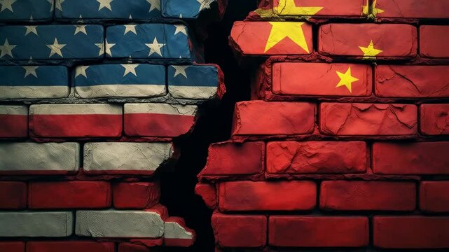 US and China flags on broken wall symbolizing trade war and tariffs