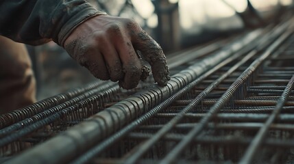 Construction Worker Handling Reinforcement Steel Bars