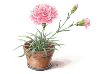 Pink Perennial Carnation Plant in Pot – Isolated on White Background for Botanical Design