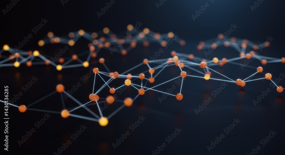 Poster abstract network connection visualization digital nodes and interconnections glowing orange and yell