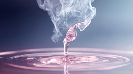 A swirling pink liquid forms elegant shapes above a reflective surface, accompanied by delicate wisps of smoke, creating an ethereal, dreamlike effect.