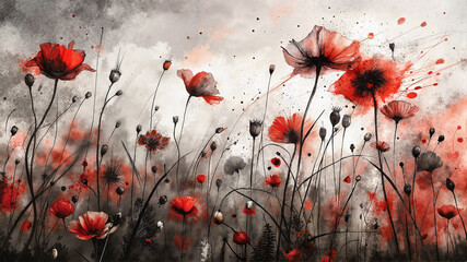 Field of red poppies in expressive artistic style