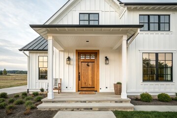 A front door detail of a white modern farmhouse with a wooden front door and a covered porch.