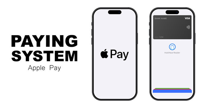 Apple pay illustration. IPhone device mockup. Paying system editorial purchase, illustrative payment.