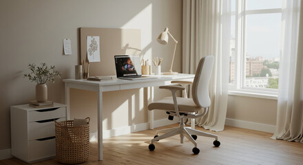 Bright Home Office Setup Features White Desk, Chair, Laptop and Natural Light