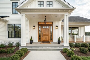 A front door detail of a white modern farmhouse with a wooden front door and a covered porch.