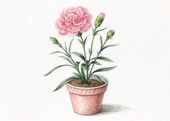 Pink Perennial Carnation Plant in Pot – Isolated on White Background for Botanical Design