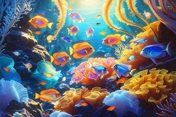 Colorful and Iridescent Underwater Coral Reef Ecosystem Illustration with Tropical Fish, Marine Life, and Sunlight Filtering Through Crystal Clear Ocean Waters