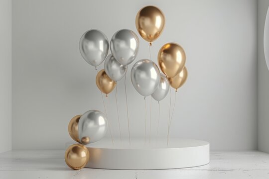 Festive Silver and Gold Balloons on Minimalist Display Platform