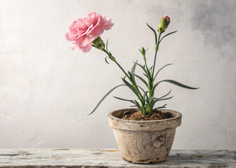 Pink Perennial Carnation Plant in Pot – Isolated on White Background for Botanical Design
