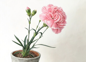 Pink Perennial Carnation Plant in Pot – Isolated on White Background for Botanical Design