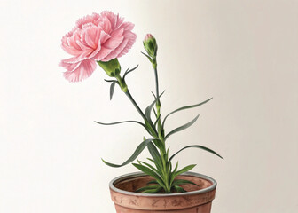 Pink Perennial Carnation Plant in Pot – Isolated on White Background for Botanical Design