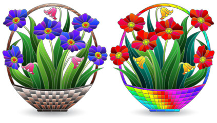 A set of stained glass illustrations with flower bouquets , dark outlines on a white background