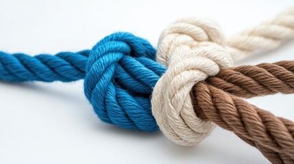 Fototapeta premium Ropes of different colors tied in a strong knot on white, symbolizing partnership and connection.