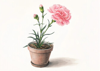 Pink Perennial Carnation Plant in Pot – Isolated on White Background for Botanical Design