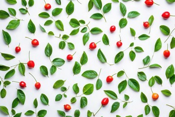 Leaves and berries pattern flat lay on white background