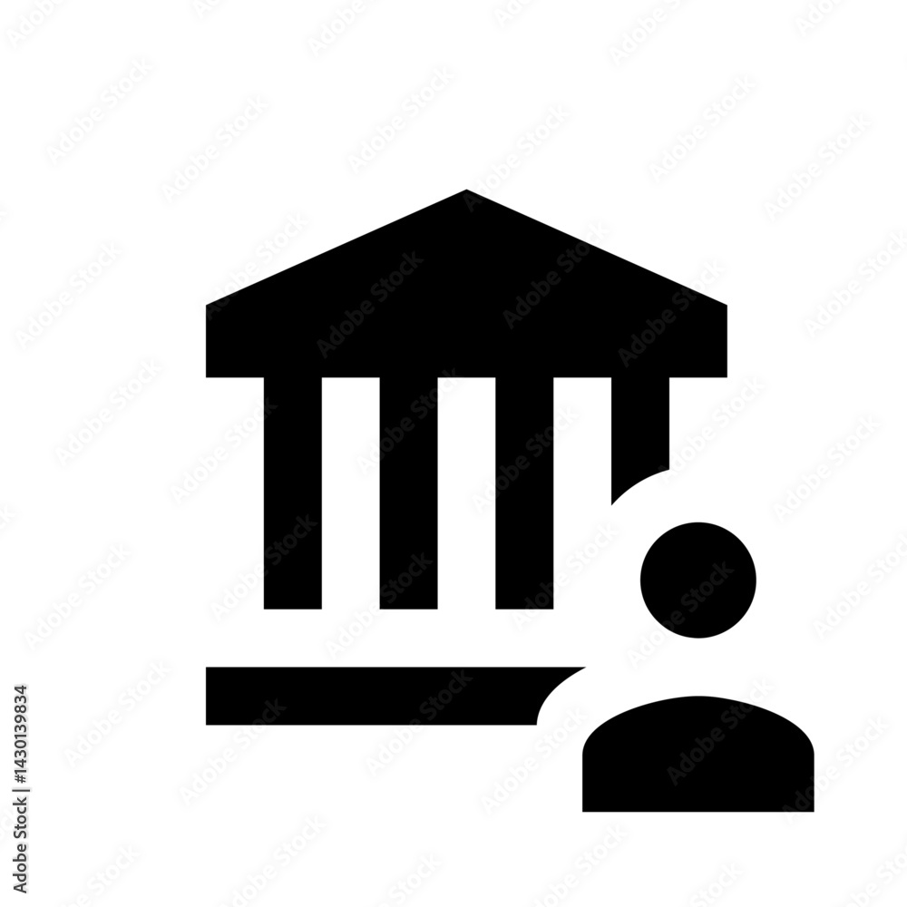 Poster icon depicting a building with columns and a triangular roof next to a simple person silhouette imag