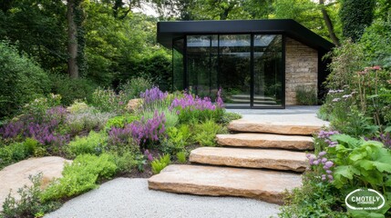 Serene garden design featuring a modern glass garden room reached by a rustic stone path through blooms