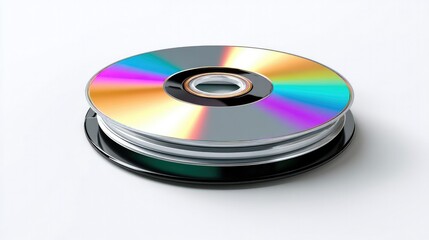 Multimedia Compact Discs: A stack of pristine compact discs, with their mesmerizing rainbow iridescence, embodies the evolution of digital data storage and entertainment media.