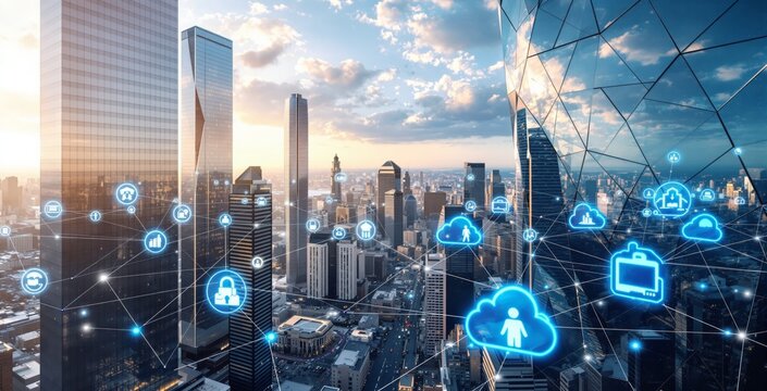 Futuristic city skyline with glowing digital cloud and cybersecurity icons connected across tall buildings on sunset background, concept of business data. Ai generative