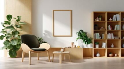 Minimalist Living Room Design:  A serene and stylish living room features a light wood bookcase, a comfortable armchair, and a framed canvas print, creating a calm and inviting atmosphere.
