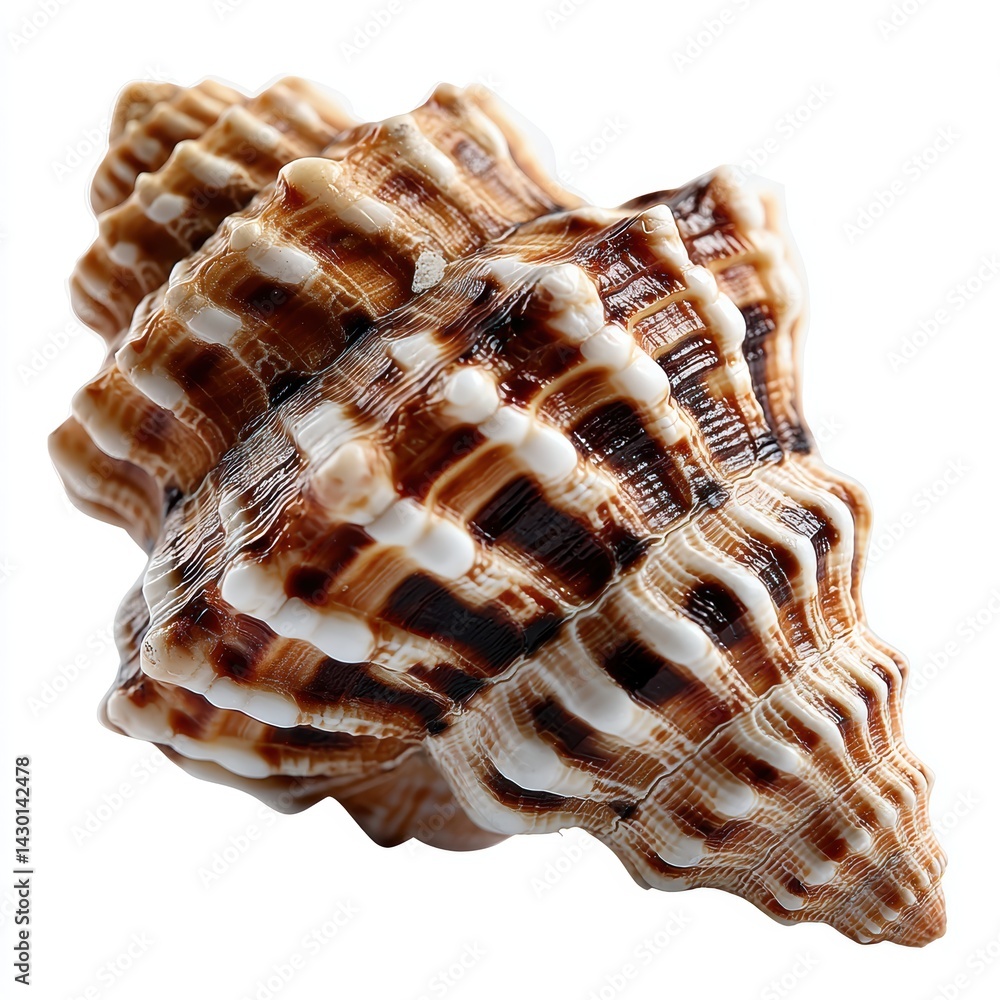 Poster a beautifully detailed seashell with intricate patterns, showcasing natural colors and textures, per