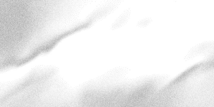 Abstract stipple wave flow in light grain texture and digital spray. Gradation of particles in monochrome background. Vector illustration