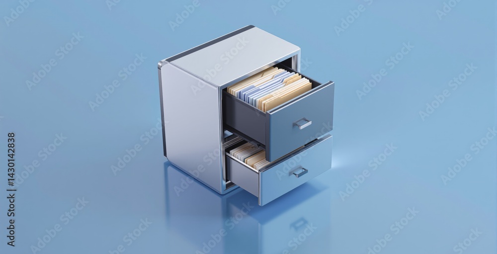 Poster metallic file cabinet with open drawers and documents inside, minimalistic graphic style, placed on 