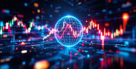 Glowing digital globe surrounded by colorful financial charts and data points in futuristic style on abstract background. Concept of global business analytics. Ai generative