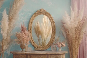 Vintage vanity with pampas grass.  A beautifully styled vanity area with antique mirror, decorative vases, and dried pampas grass. Soft pastel colors create a dreamy aesthetic